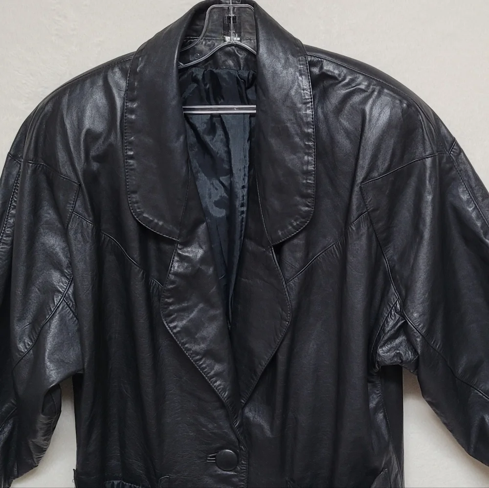 80s Vintage BKE Black Leather Longline Dolman Sleeve Oversized Trench Coat 7/8